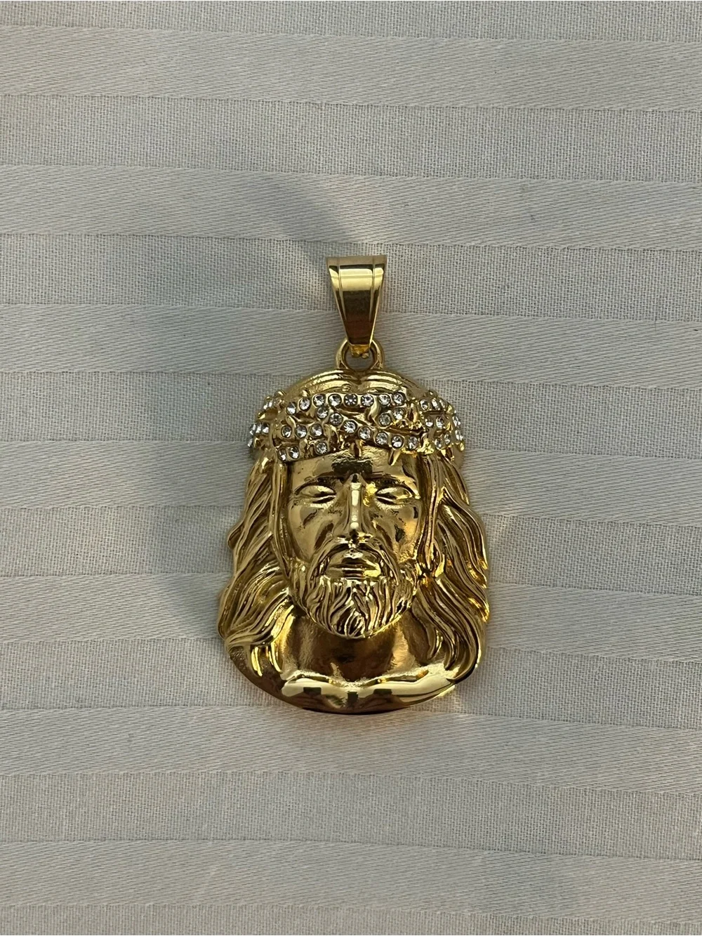 14K Gold Mens Jesus Head Pendant Stainless Steel Iced Out Simulated Diamonds Lux